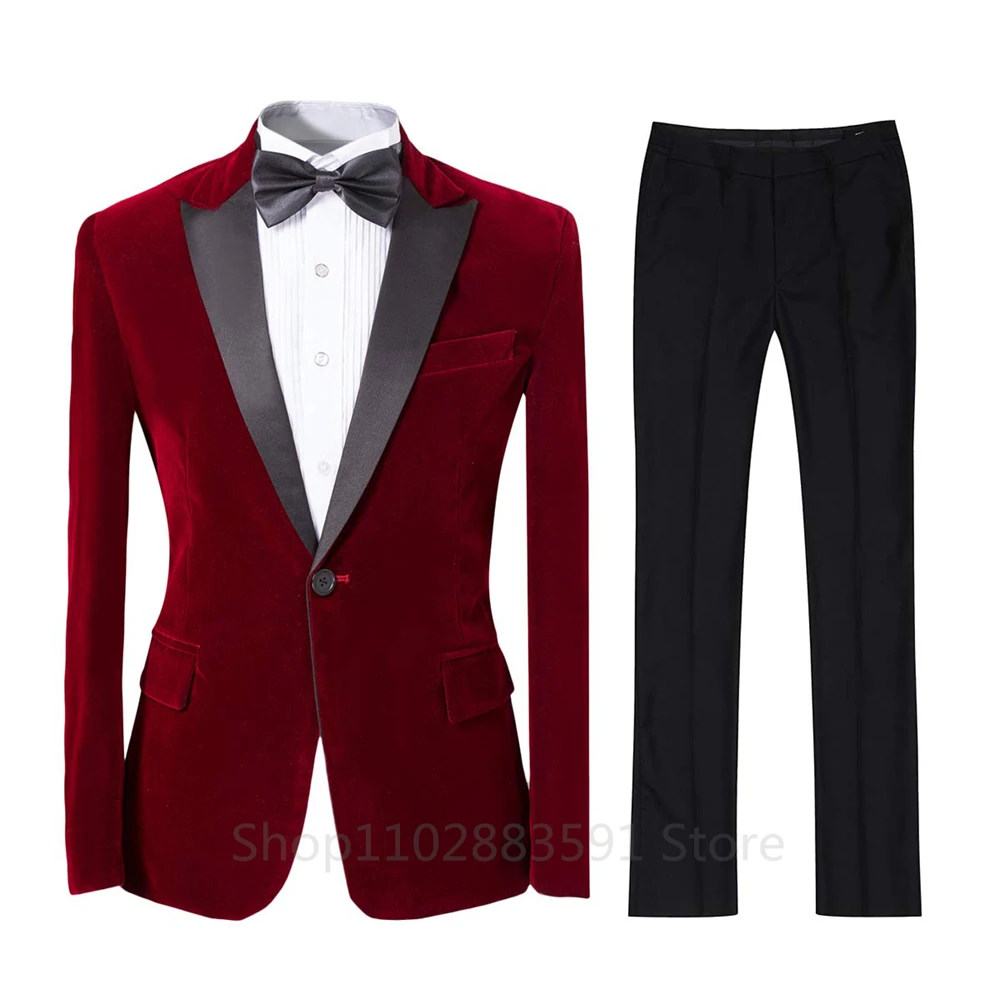 Velvet Men Suits 2 Pieces Slim Fit Blazer Pants Costume Best Man Party Satin Shawl Lapel Wedding Business Tuxedos Groom Homme