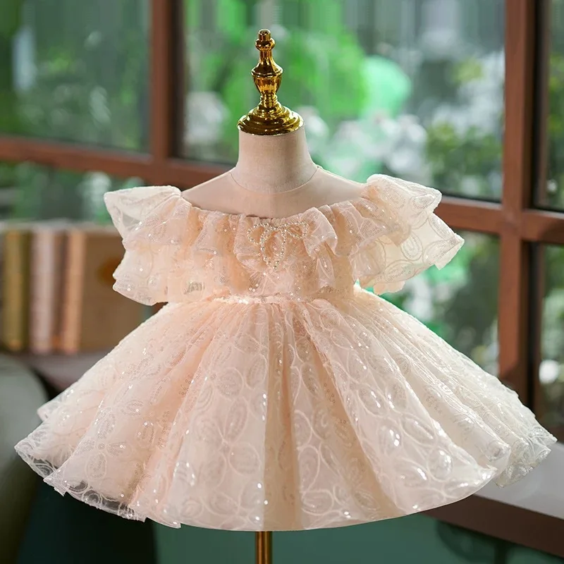 Dreamy voto lindo vestido de menina pêssego fora do ombro tule lantejoulas babados crianças aniversário primavera verão na altura do joelho vestido de baile j425