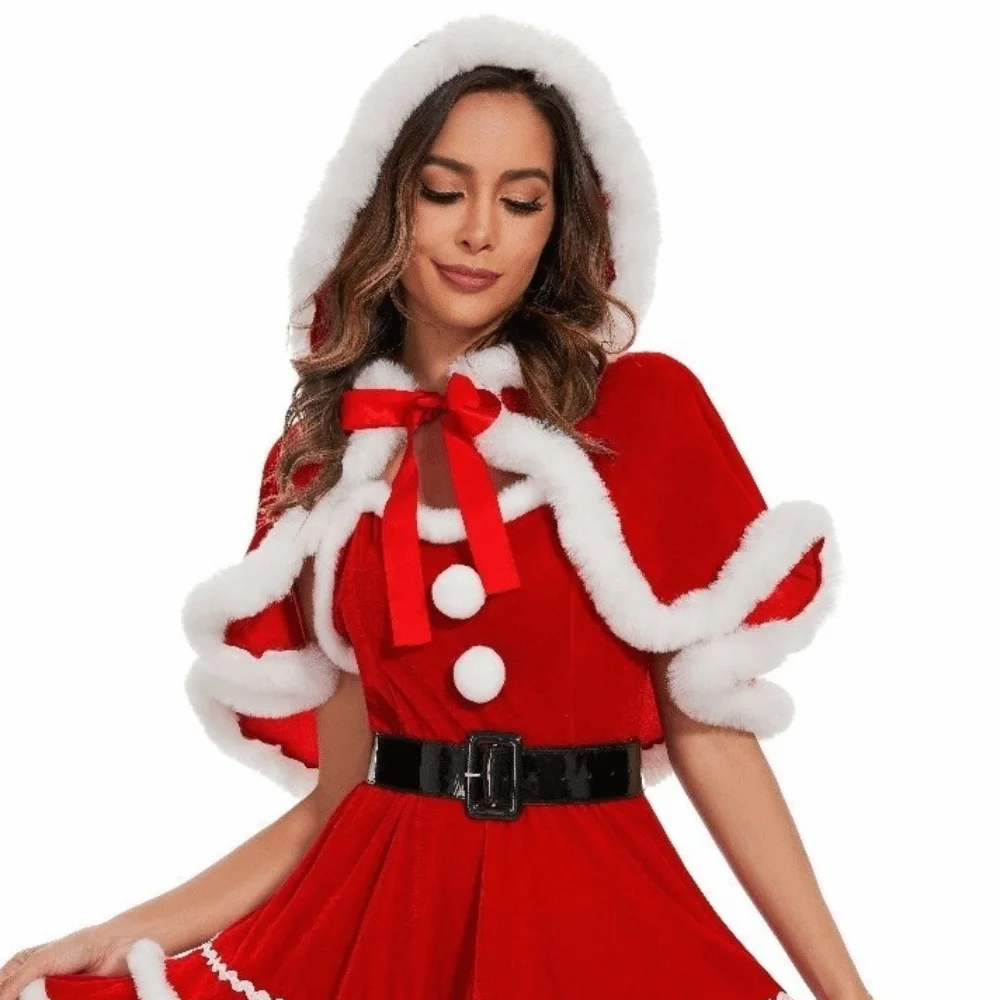 Fashion Polyester Christmas Hooded Cloak Thick Plush Xmas Cape Windproof Cosplay Costume Women Ponchos Adult