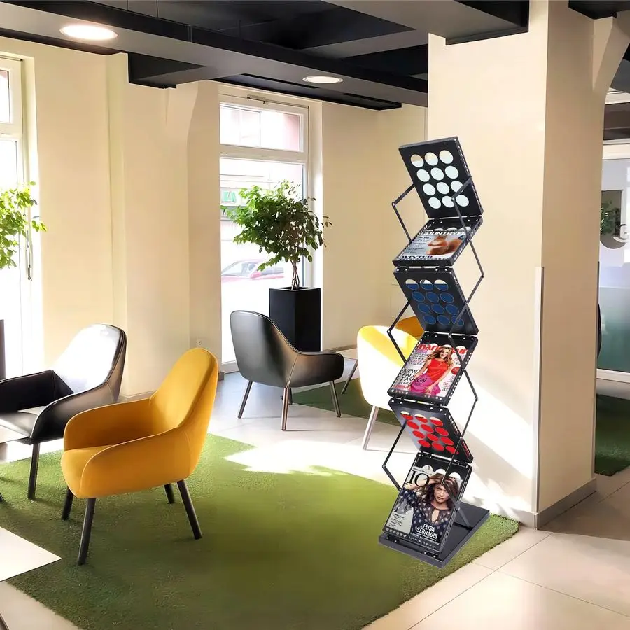 Rak Buku, 6 Kantong Rak Brosur Logam Berdiri di Lantai Rak Majalah Rak Display Brosur Dua Sisi