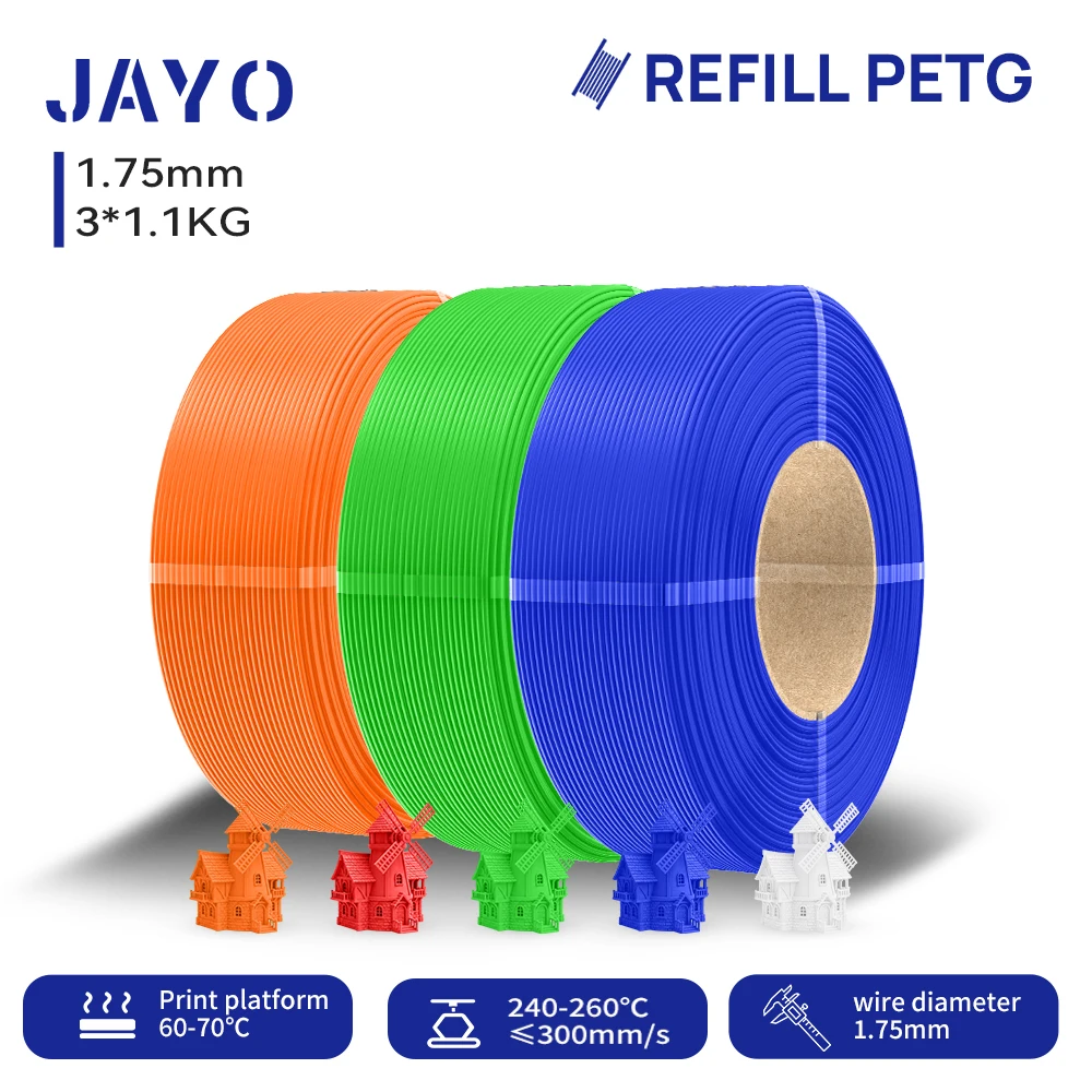 JAYO 3,3KG Nachfüll-PETG-Filament 1,75mm Nachfüll-3D-Drucker-Filament geeignet für Bambu Lab Filament & ungiftige wiederverwendbare Spulen 1,1KG/Rolle