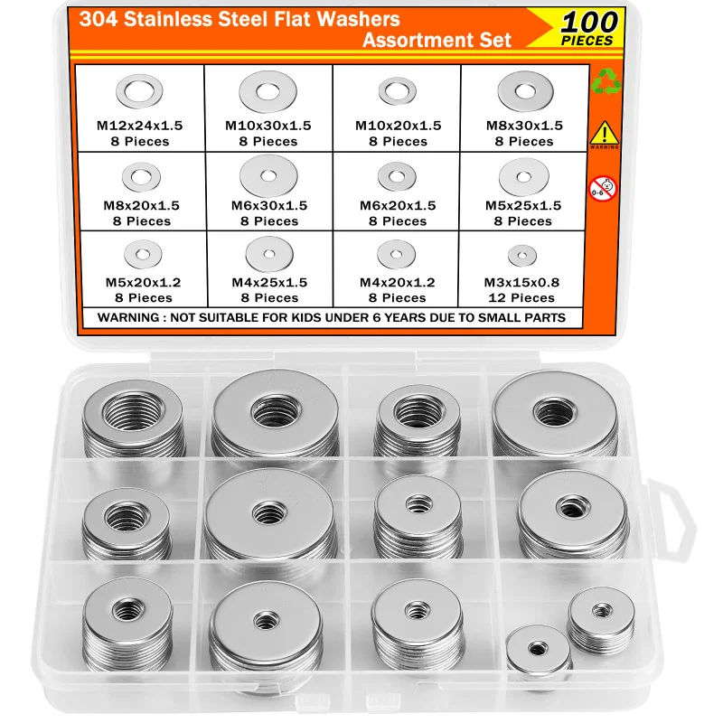 100-teiliges flaches Unterlegscheiben-Set aus Edelstahl 18–8 (304), M3-M12 (12 Größen), verschiedene Hardware für Schrauben, Bolzen