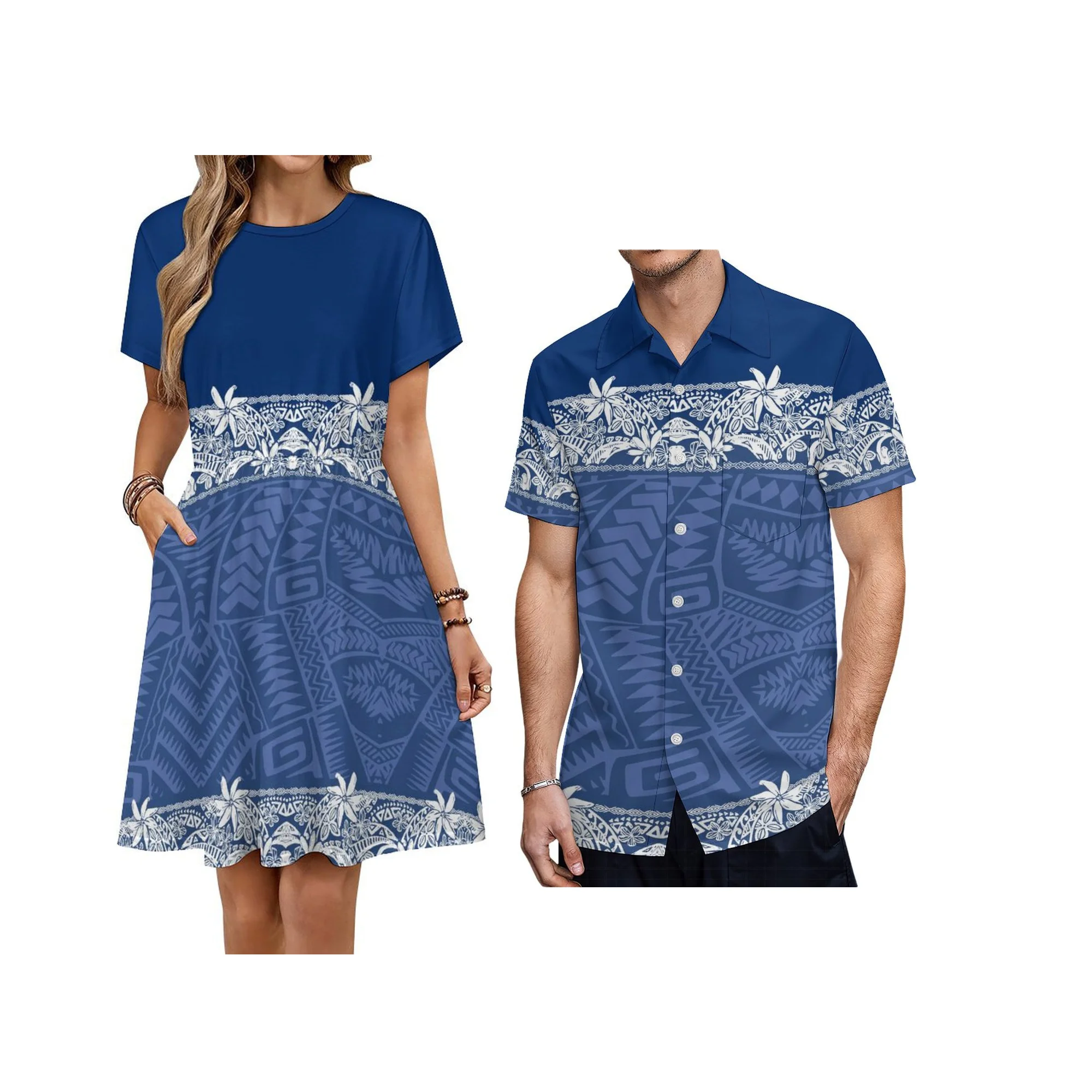 Nieuw ontwerp op maat Hawaii print dame korte mouw ronde hals knielengte galajurk match Aloha heren shirts koppels kleding 2 stuks