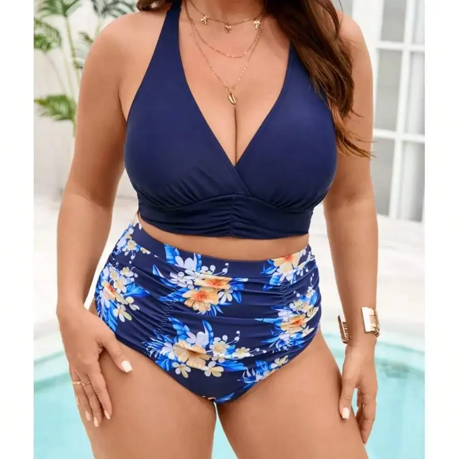 

Plus Size Halter V Neck Floral High Waisted Bikini Set Medium Stretch