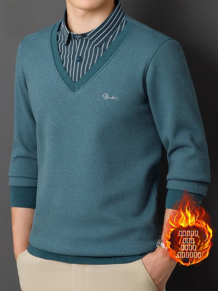 

Paul Winter Thiened Fce Lined Slim Fit Long Sve Knitted Sweater irt Collar Fake Two-Piece Warm Top for Men
