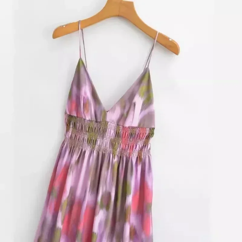 여성용 민소매 백리스 V넥 원피스, 섹시 프린트 하이 웨이스트 캐미솔 롱 드레스, 2024 여성용 하이 스트리트웨어 로브, 패션