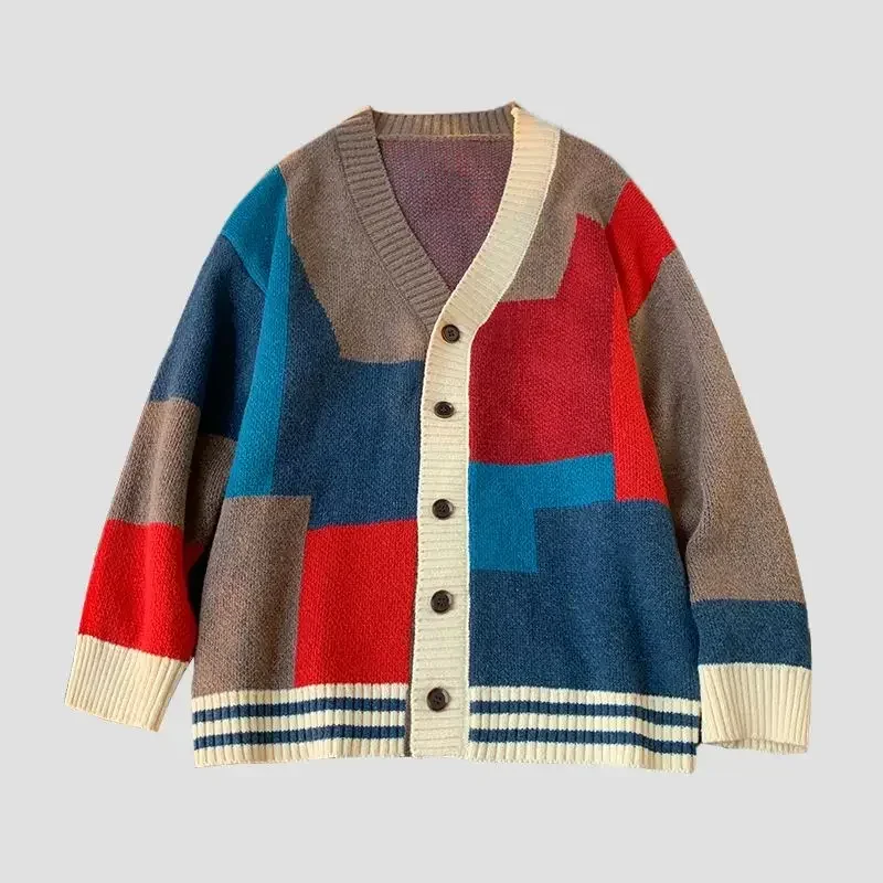 Ropa de hombre chaqueta abrigo cárdigan suéter de punto rojo hombre cuello en V empalme talla grande invierno 2025 tendencia gruesa clásica nuevo en X Old