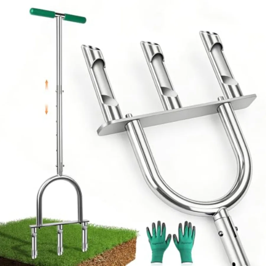 

Manual Lawn Aerator Tool with 3 Hollow Tines, Adjustable Height Stainless Steel Core Aerator, Heavy Duty Plug Aerator for Lawn