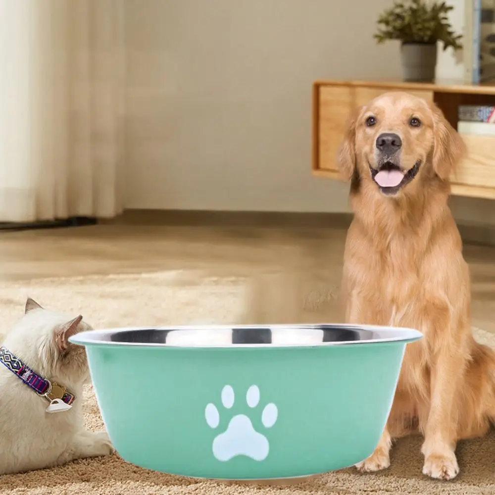 Large Capacity Stainless Steel Dog Bowl Non-rust Non-slip Dog Water Bowl Bilayer Cat Paw Pattern Cat Feeding Bowl Home