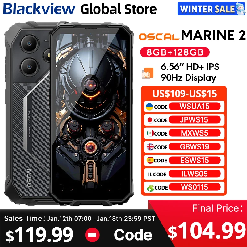 Blackview MARINE 2 Rugged Smartphone 6.56-inch HD+ IPS 90Hz Display 11000mAh Android 15 16MP Camera NFC 8GB 128GB Cellphone