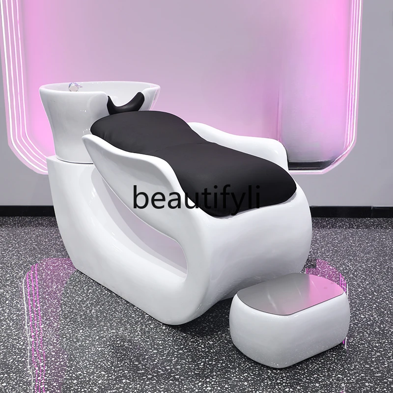 Barber shop shampoo bed high-end salon hair flush simple semi-lying ceramic basin