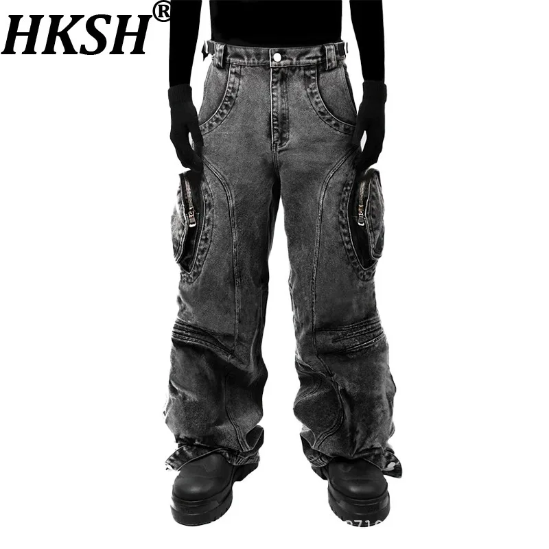 

HKSH Autumn New Man Punk Ripped Design Zipper Jeans Chic Streetwear Pockets Techwear Trendy Safari Style Long Denim Pants HK8488