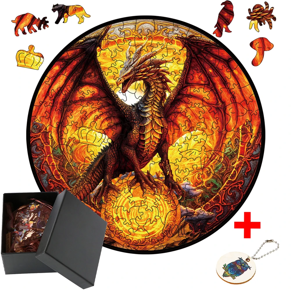 Fiery Dragon Animal Wooden Puzzle Irregular Shape Pieces Colorful DIY Craft Jigsaw For Adults Children Brain Teaser Holiday Gift