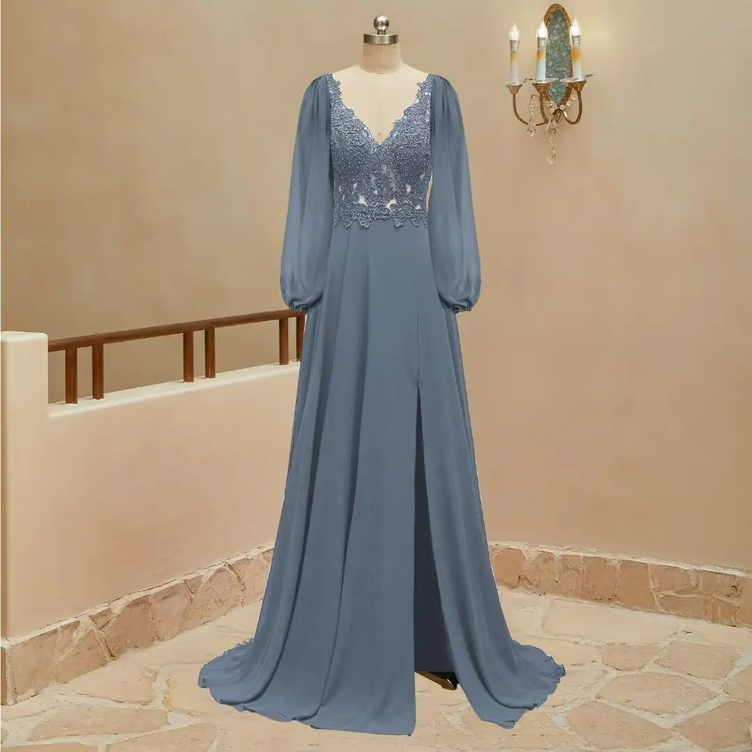 

Long Sleeve Chiffon Bridesmaid Dresses Lace Appliques Formal Dresses V Neck Prom Dress for Women with Slit