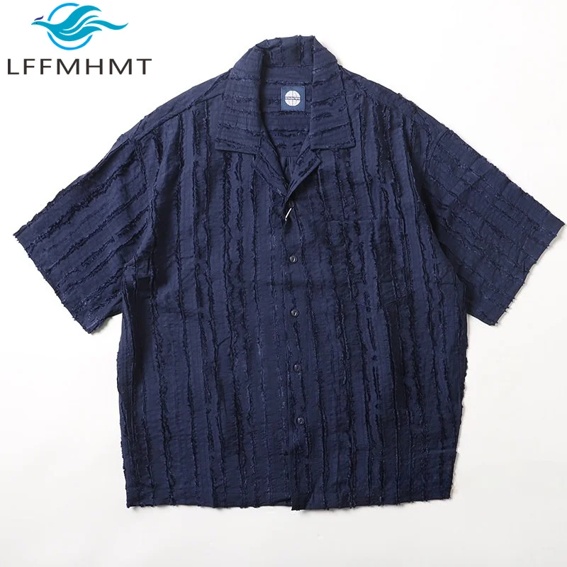 

Japan Style Old-money Style Vintage Striped Texture Men's Shirt Oversized Short Sleeve Streetwear Trendy Loose Cozy Blouse Tops