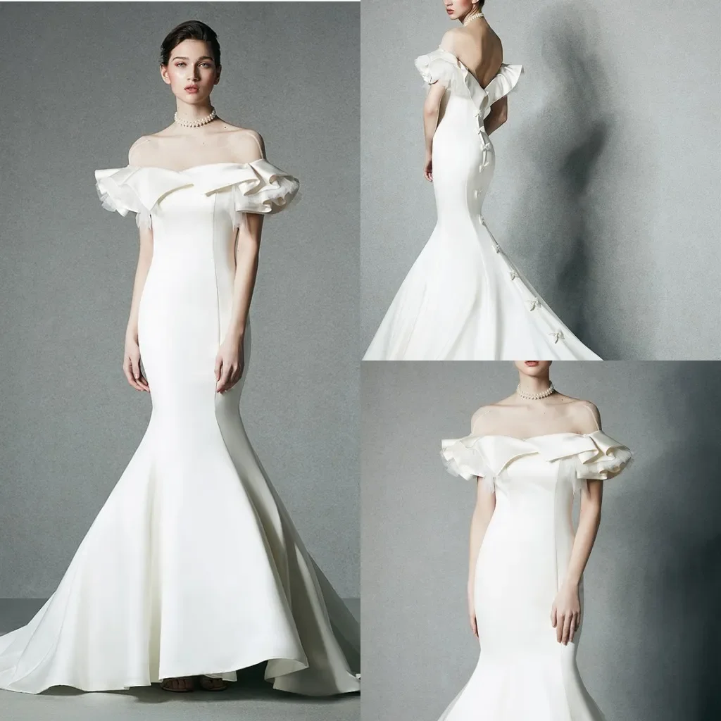 

Modest Elegant Sleeveless Backless Mermaid Wedding Dresses Bow Cascading Ruffles Wedding Gown Sweep Train robe de mariée