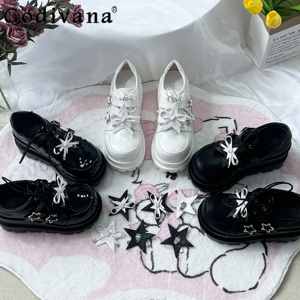 

Punk Platform Shoes Sweet Y2k Muffin Lolita Single Shoes Round Head Platform Bow Lace-up High Heels Pumps