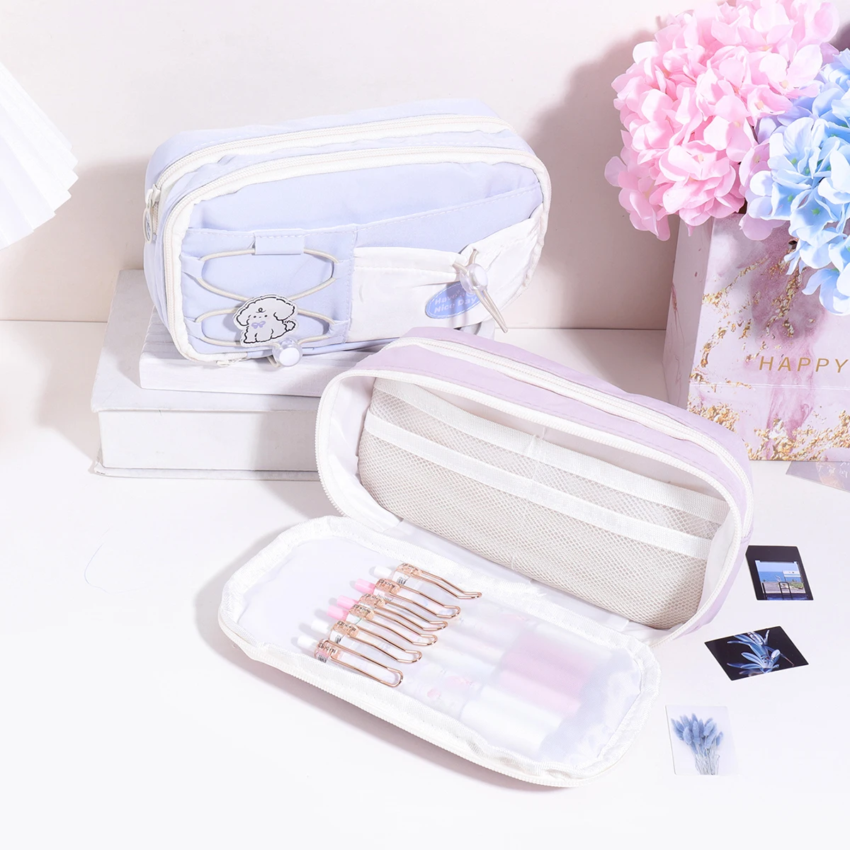 9 Layers Large Capacity Drawstring Pencil Case, Cute Puppy Multi Layer Stationery Storage Bag Portable School Supplies view 4