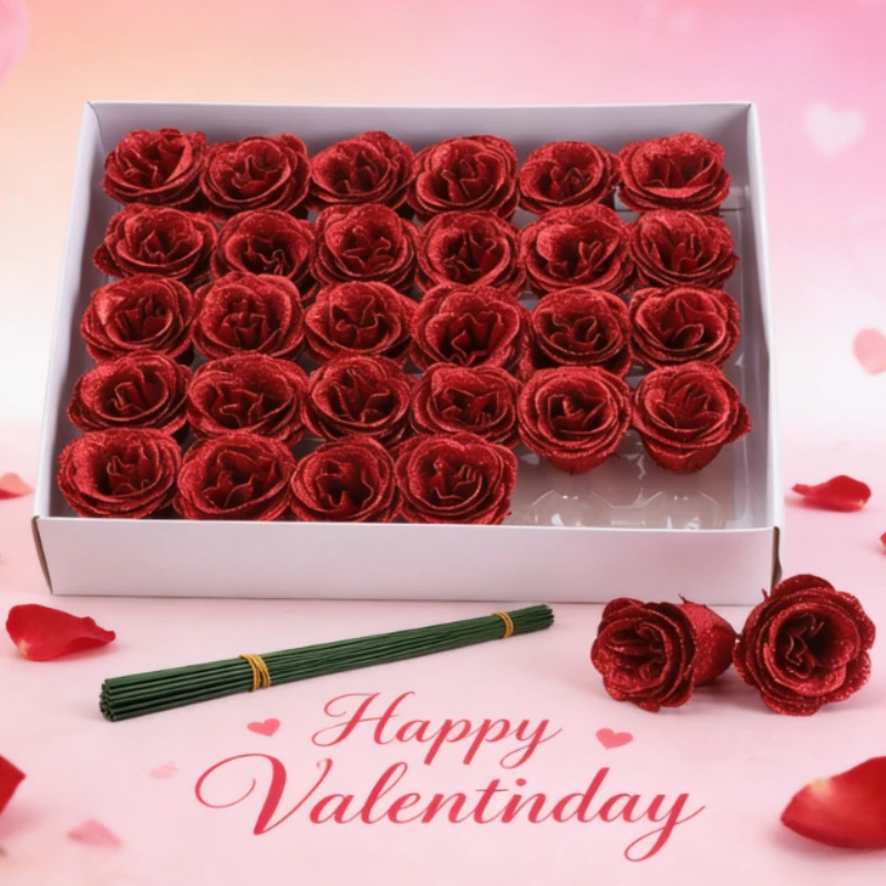 

30 шт./кор., красный блестящий искусственный букет розы, свадебное украшение для душа, подарок на день Святого Валентина, декор для дня рождения