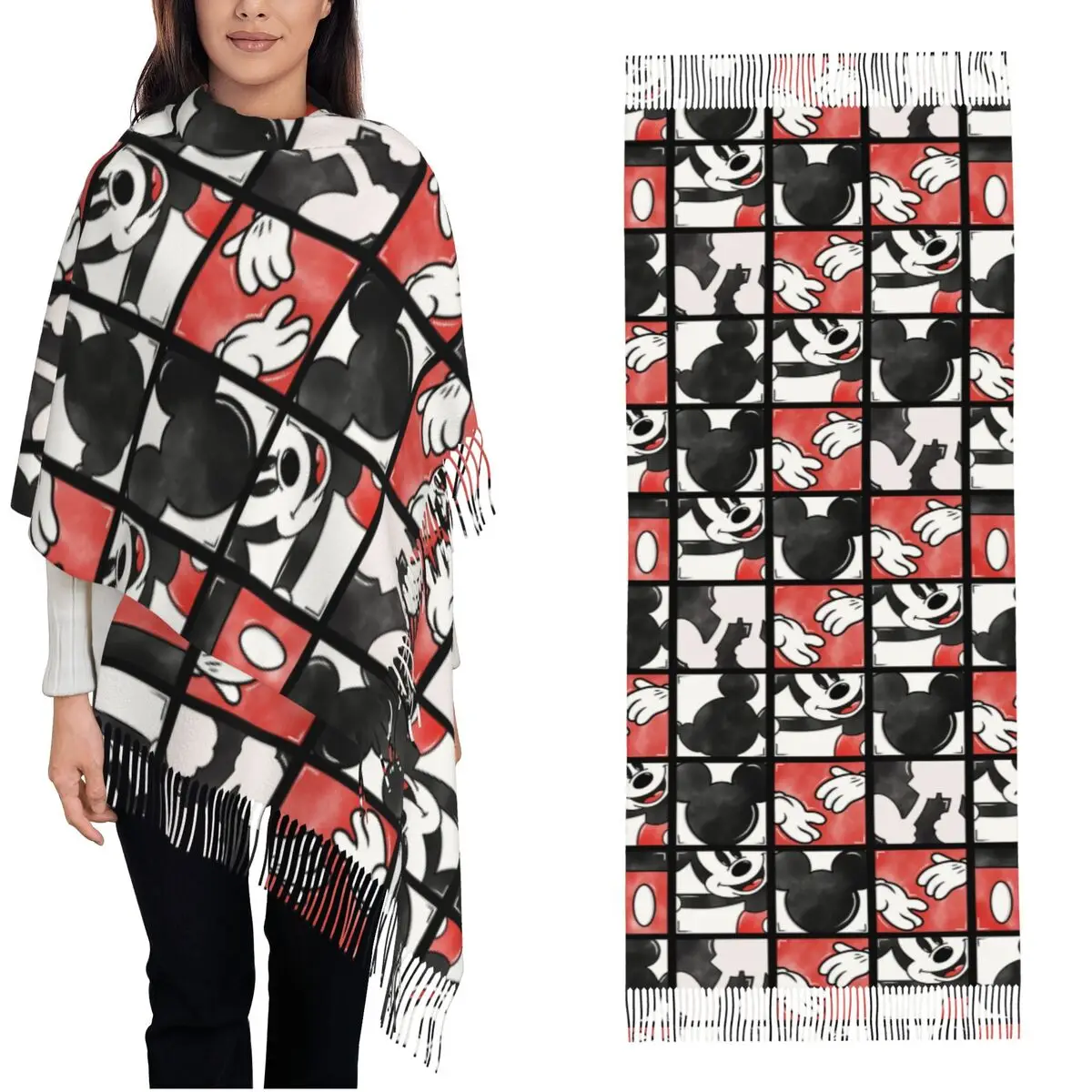 

Женский шарф с кисточками Микки Маус, большая зимняя теплая шаль, подарки, кашемировый шарф