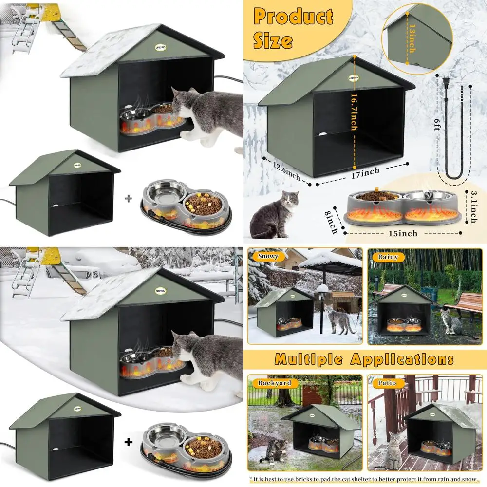 

Grey Weatherproof Outdoor Cat Feeding Station with Heated Food and Water Bowls for Feral Cats