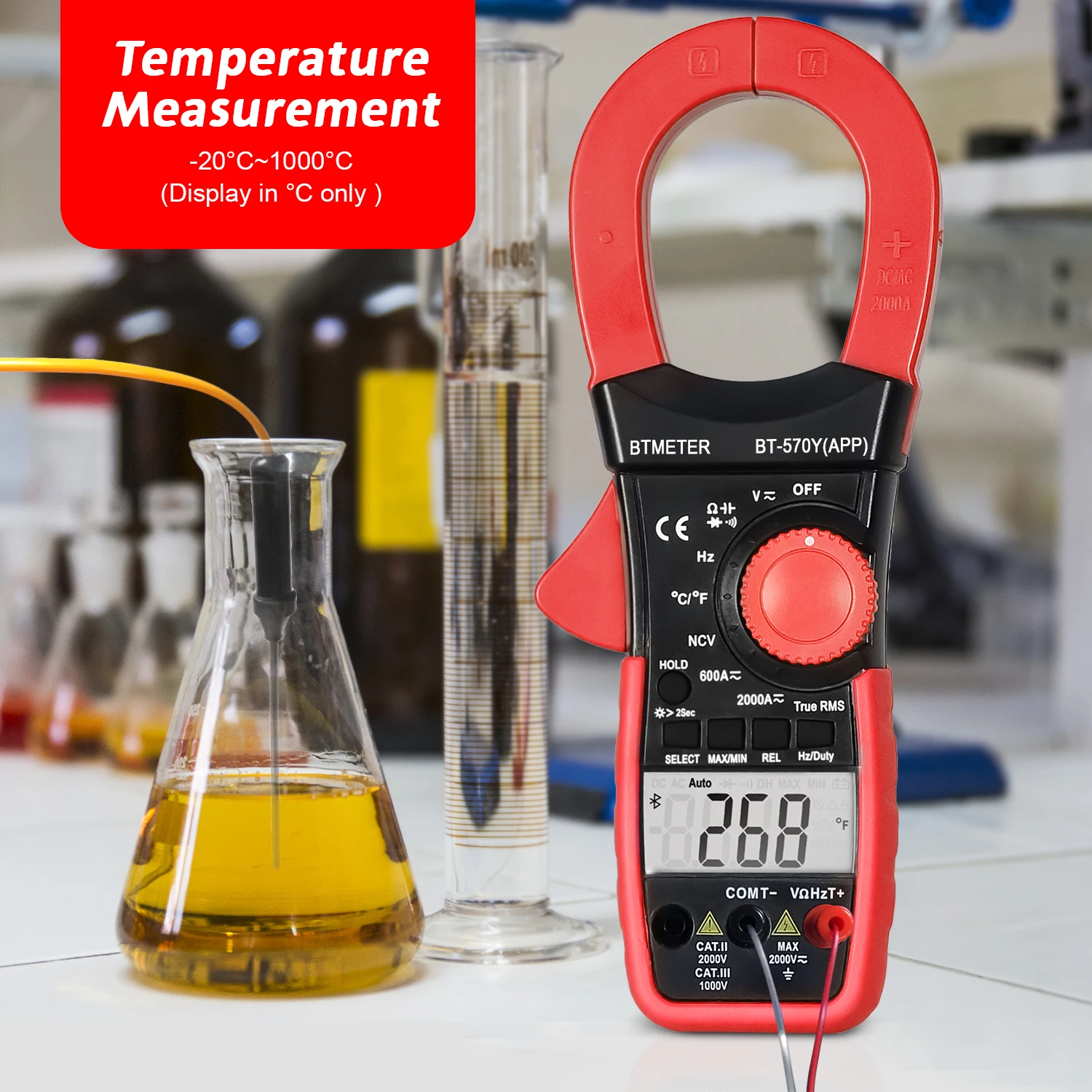 BT-570Y-APP Digital AC/DC Clamp Multimeter Temperature Measurement Tool with LCD,Bluetooth Connection,6000 Count True RMS