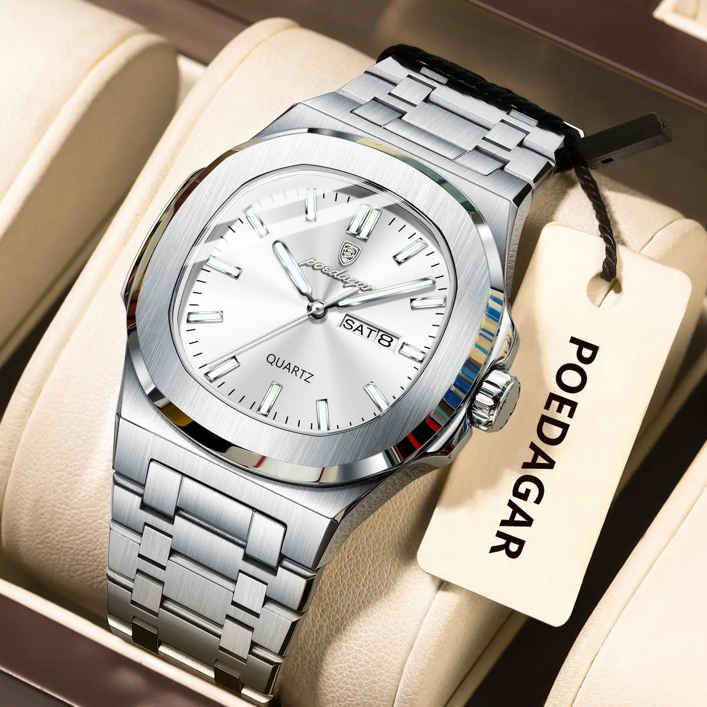 POEDAGAR Classic Square Men Wristwatch Waterproof Luminous Date Week Casual Man Clock Stainless Steel Men's Quartz Watches Reloj
