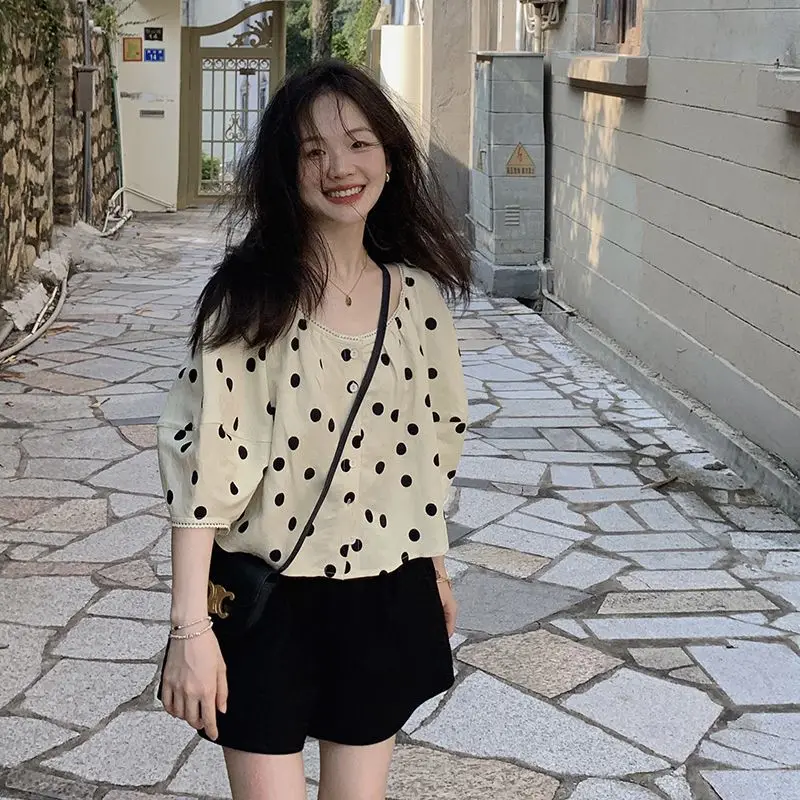 

French Retro Temperament Polka Dot Top Lantern Sleeves Slim Shirt Women's Chinese Style Summer Loose Short-sleeved Cardigan