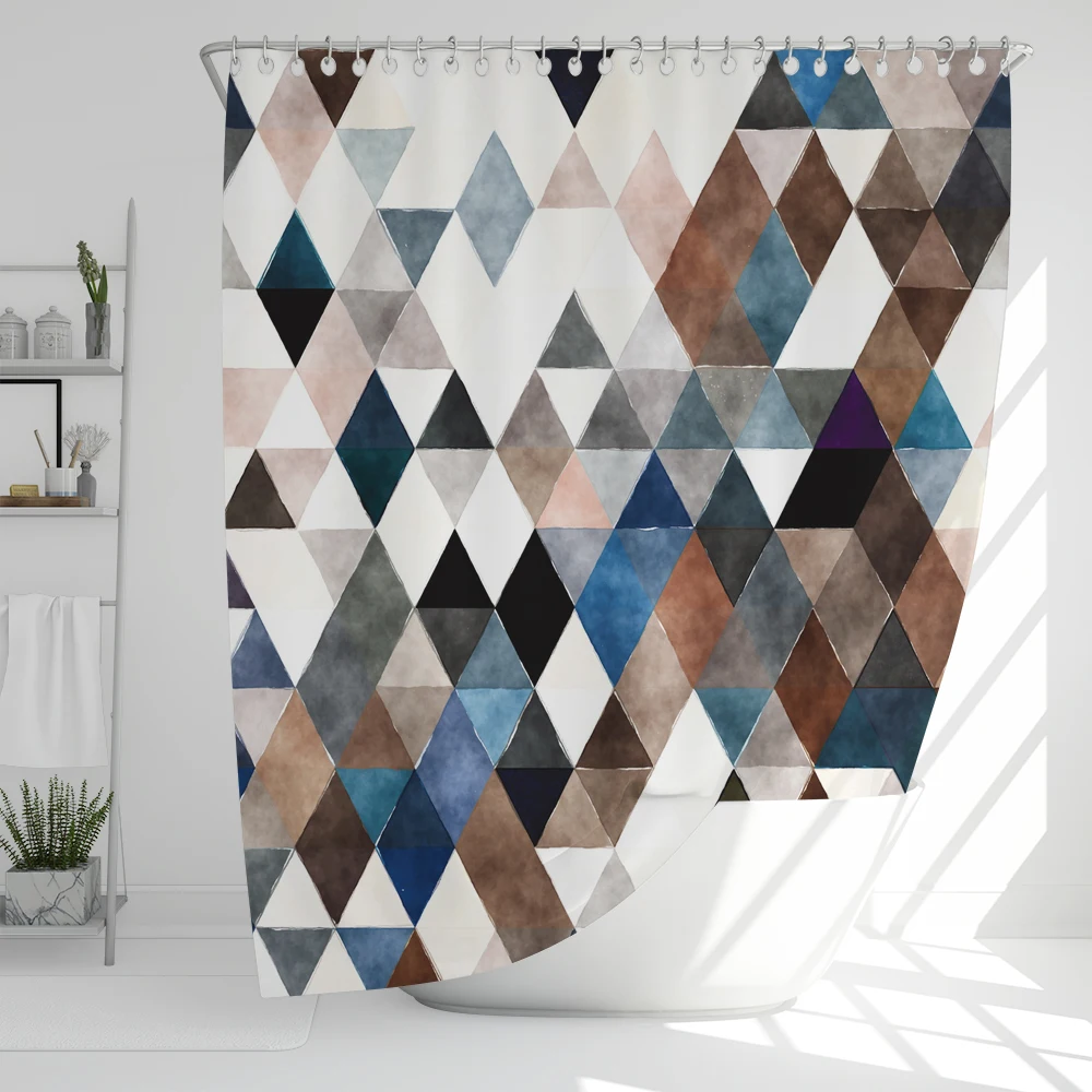 1pc Modern Color Diamond pattern Shower Curtain,Printed Polyester Geometry Bathroom Curtain,Home Decoration Curtain With Hooks