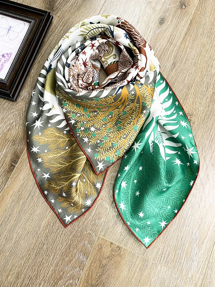 Double-Sided 100% Silk Neckerchief Shawl Women Large Square Bandana Scarf Wraps 88x88cm