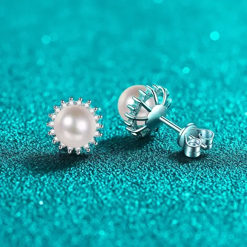 Elegant Platinum Pt950 Sunflower Earrings with 6mm Freshwater Pearl, Fashionable Moissanite 21 Point High-end Design Ear Studs