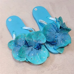 Blue Orchid Flowers pantofola da donna Retro Diamond Crystal Flats 2023 Summer Beach Ladies Shoes Outside Cool Slipper