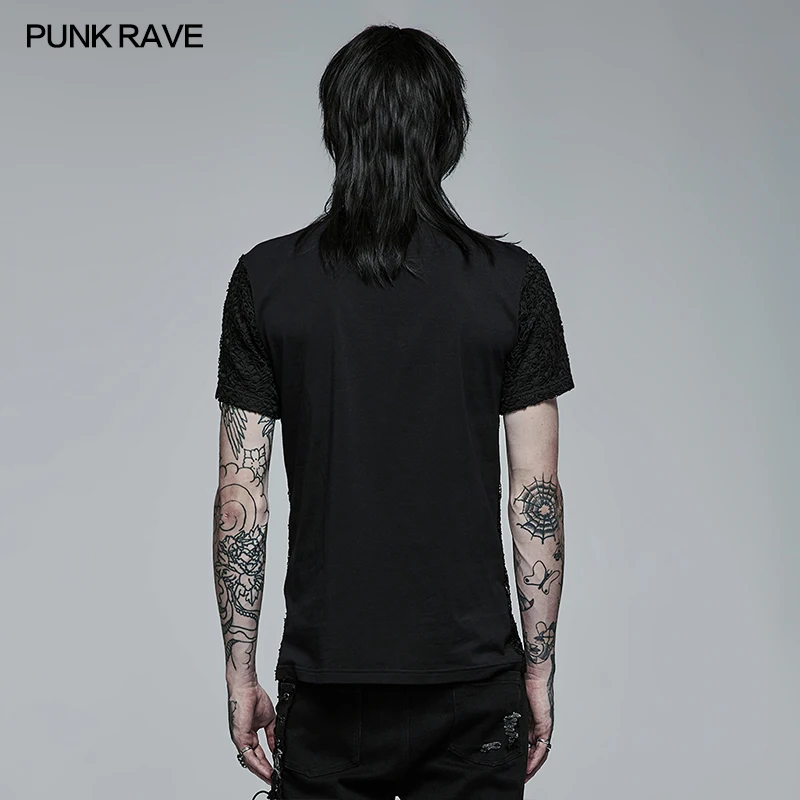 PUNK RAVE Men\'s Gothic Daily Personality Stylish Mesh V-neck Short Sleeve T-shirt Slim Fit Black Tops Spring Summer