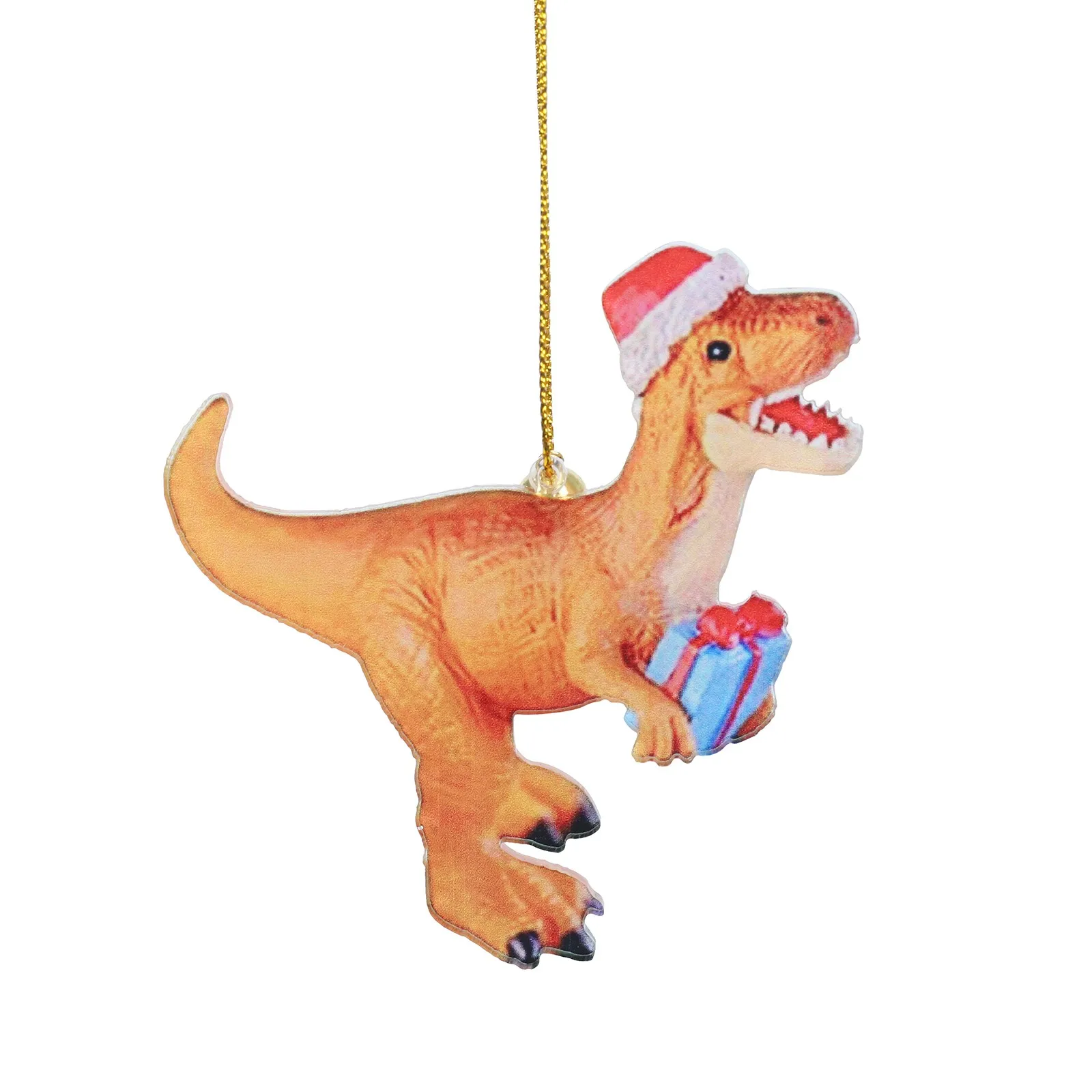 2D  Dinosaur Holding Christmas Gift With Hat Pendant Ornaments Double Sided Printing Christmas Tree Pendant Home Car Decoration