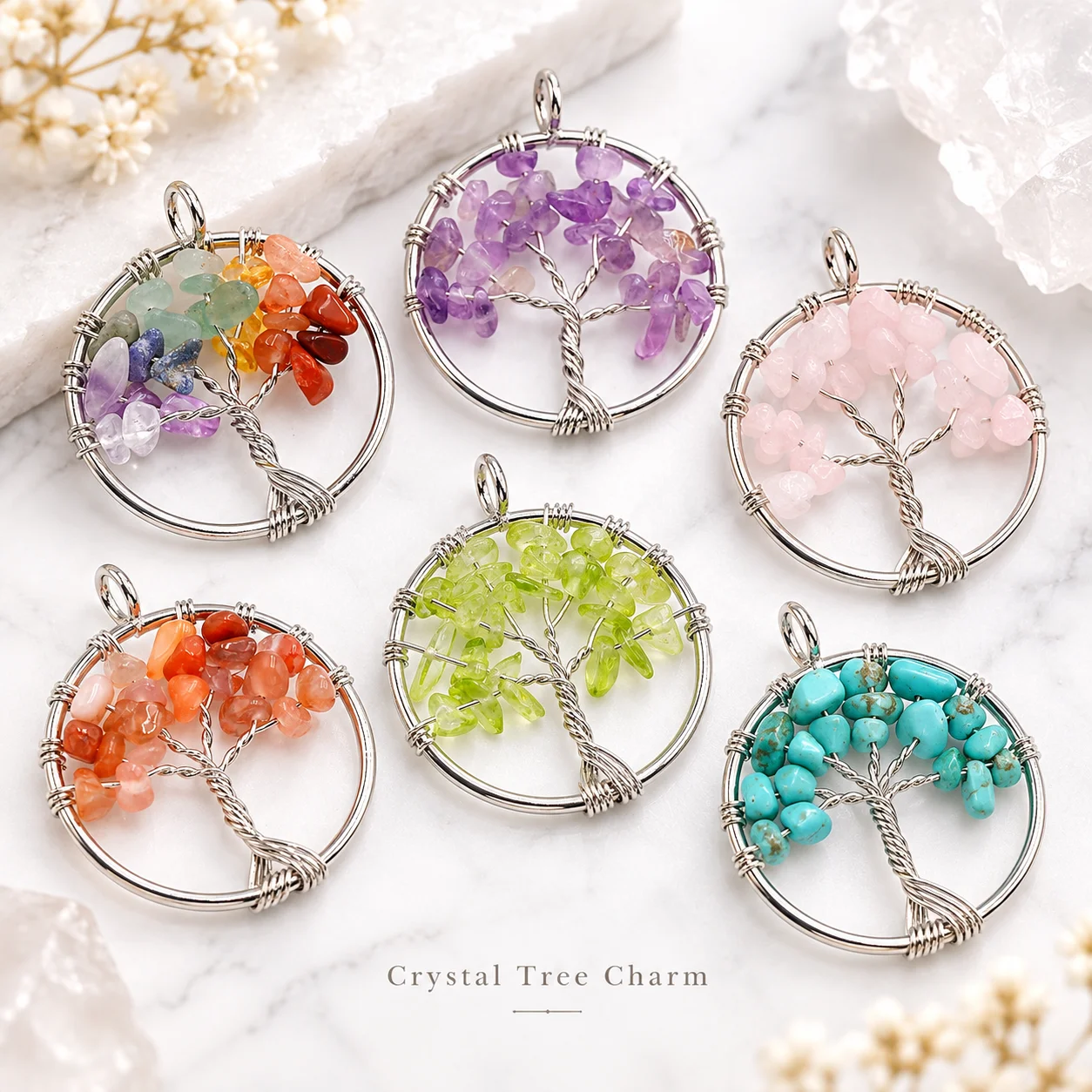 3/5pcs Natural Crystal Tree of Life Pendant Handmade Gemstone Chip Charm Necklace Jewelry Gift Boho Healing Decor