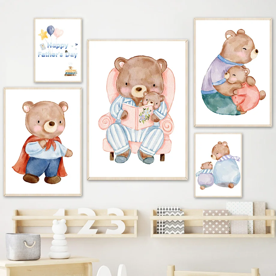 Funny Baby Bear Father Day Gift Balloon Cartoon Wall Art Minimalist Aesthetics Print Canvas Painting for Living Room Home Decor