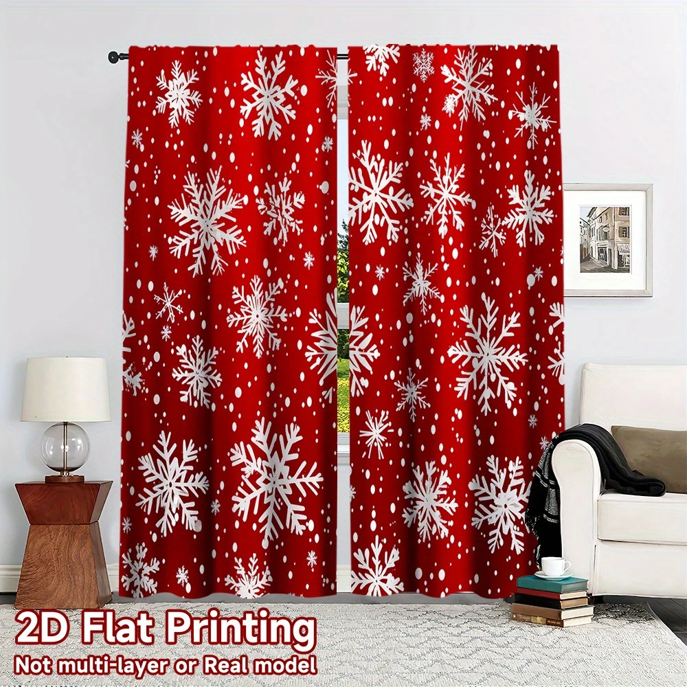 Red Background White Snowflake Winter Curtains, Rod Pocket, Polyester, Home Decor, Bedroom Living Room, Festive Holiday