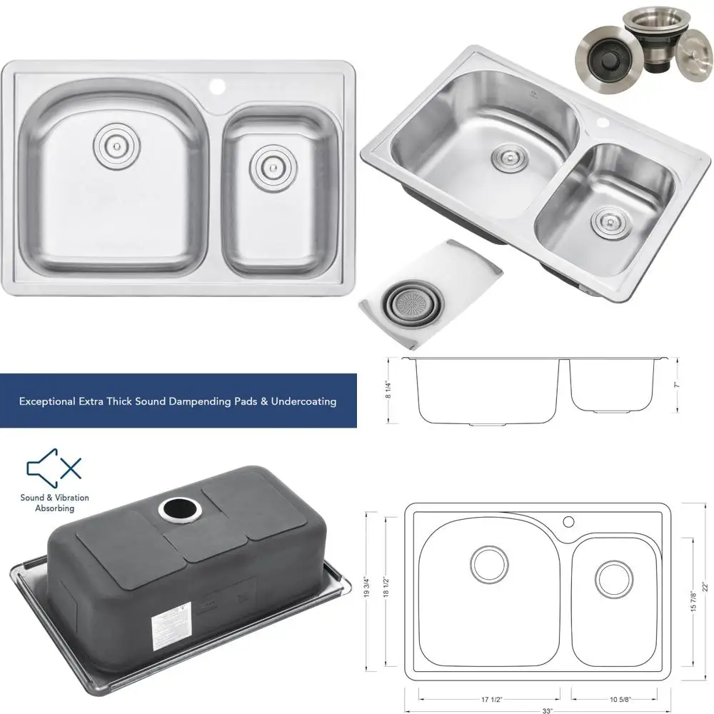 

Double Bowl 70/30 Stainless Steel Kitchen Sink 33 Inch Topmount with 1 Faucet Hole, 18-Gauge Sink Only