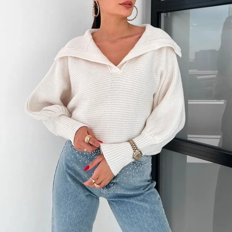 Women Big Lapel Half Zip V Neck Knit Sweaters Lantern Sleeve Autumn Winter Solid Color Loose American Retro Cropped Pullovers 4