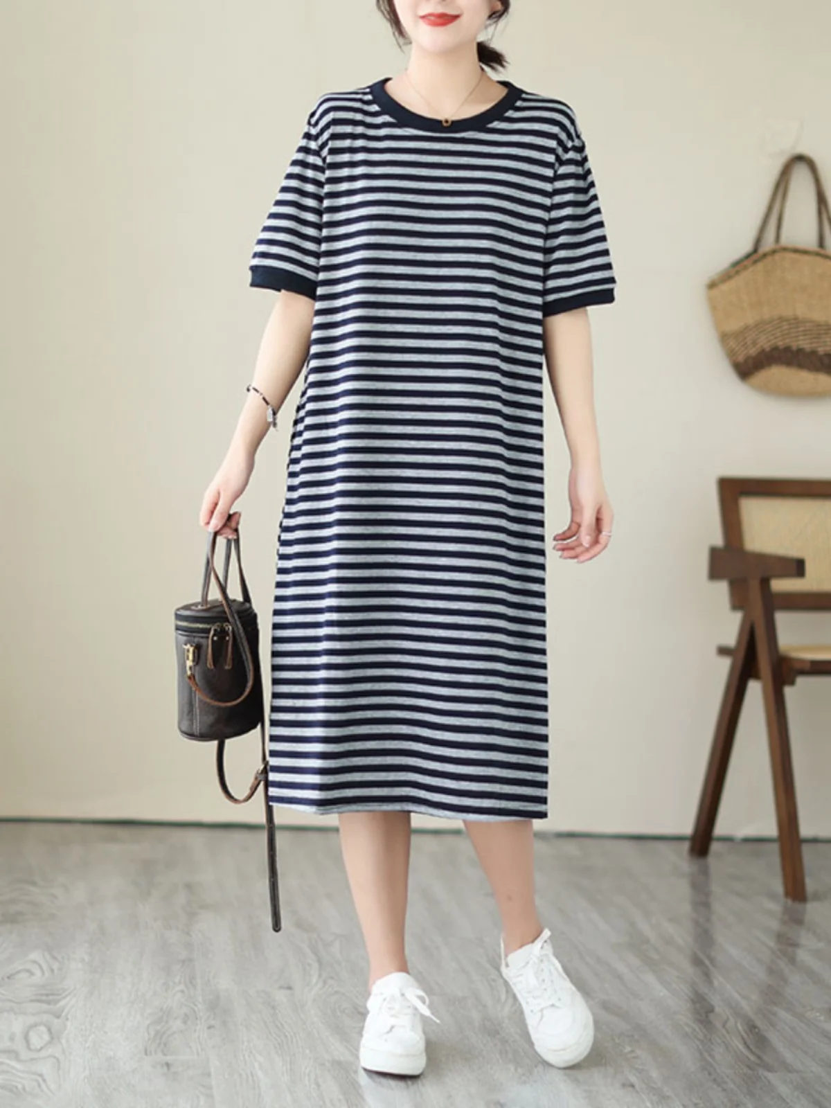 Casual Stripe Tricoté Or Sve Dr Femmes Lâche Minceur rond Ne T-shirt mi-long Dr Confortable A-Line Été D...