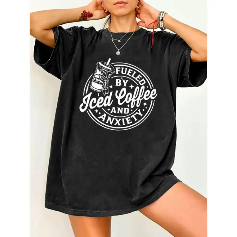 

Oversized T-Shirt, Women's Y2K Grunge Aesthetic Fueled by Iced Coffee and Anxiety Graphic Print T-Shirt, Casual Top