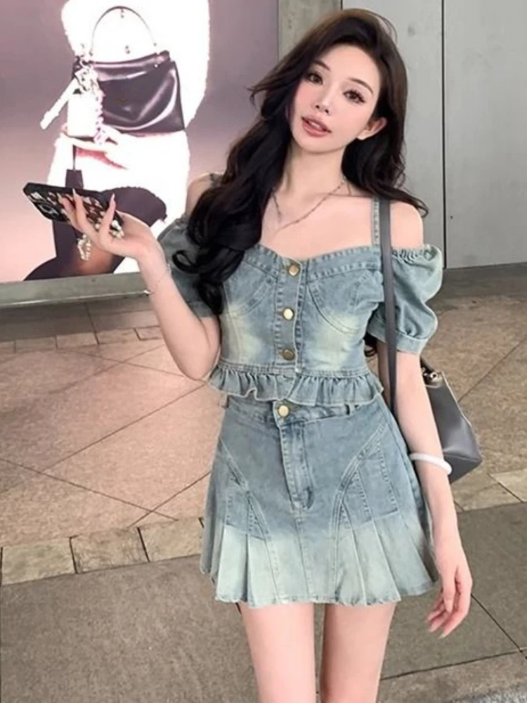 American Vintaeg Denim Matching Sets Slash Neck Short Sleeve Ruffles Crop Tops Pleated High Waist Mini Skirts Women Clothing Y2k