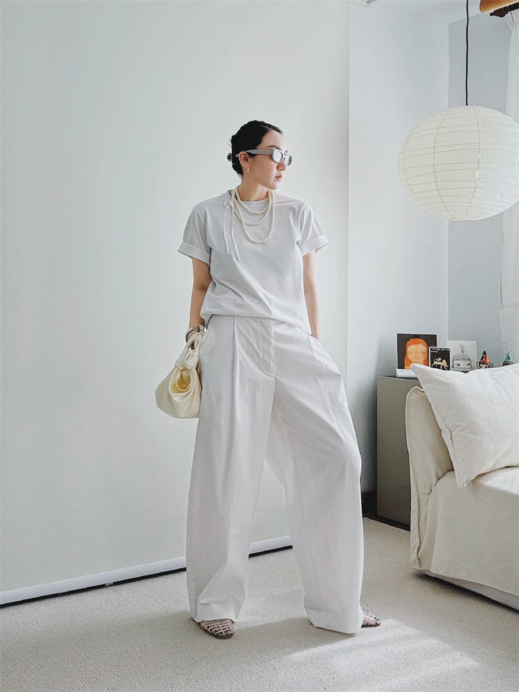 

Pure Cotton Pearl White ort Sve Women's T-irt Summer Knitted round Ne Regular Fit Straight Tube Small Fraance Sle