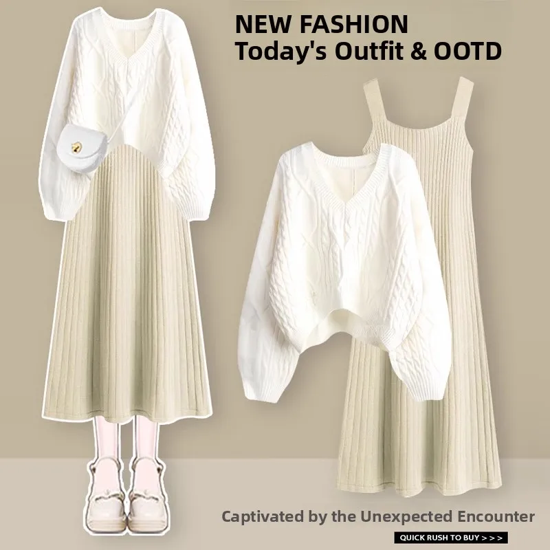 

plus Size Autumn Winter Women's Fashion Set with Strap Long Sleeve Faded Hole Sweater Top And Dress Two Piece Ensemble round ...