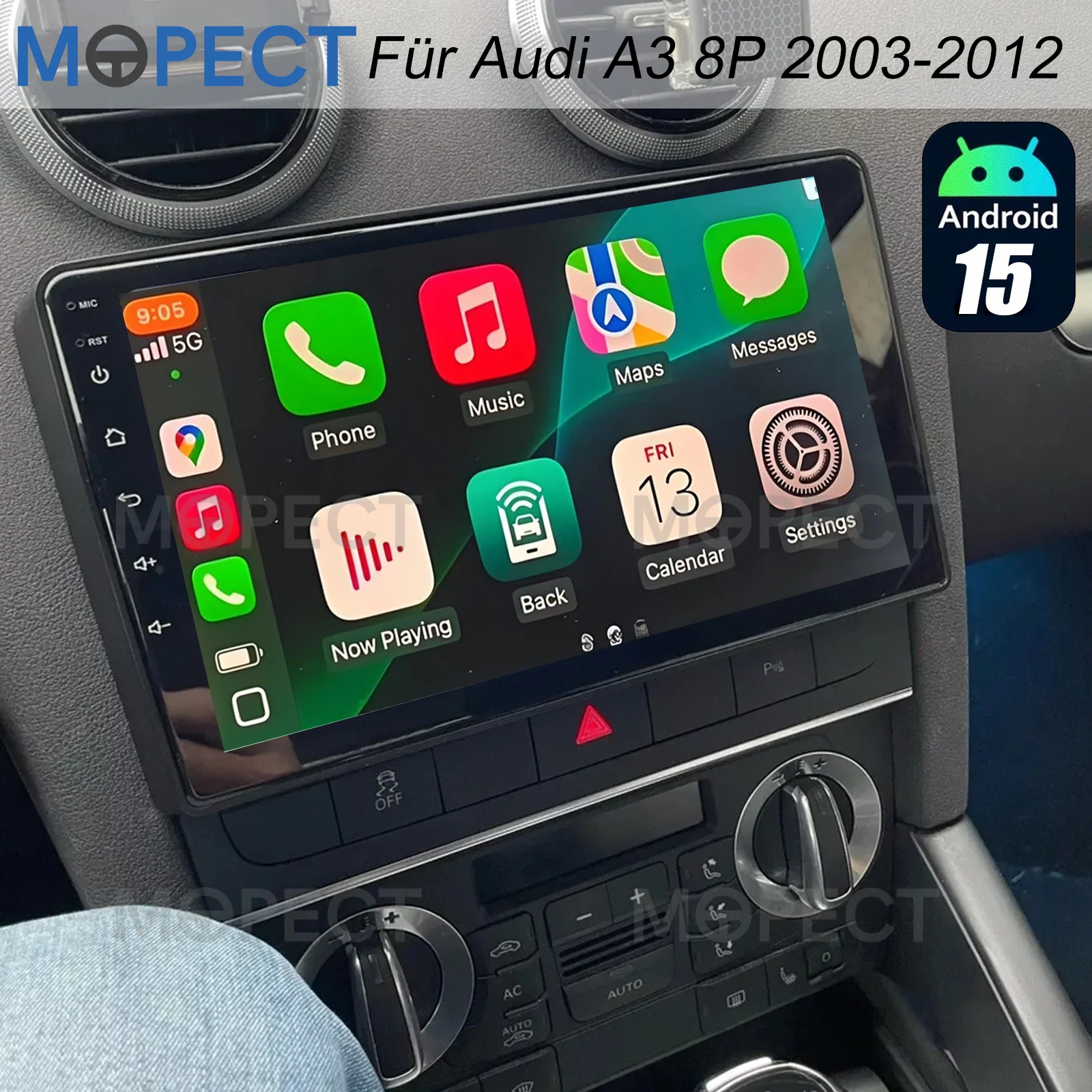 Autoradio MOPECT sans fil Carplay Android Auto Android 15 4 cœurs 9 pouces pour AUDI A3 8P 2003-2012 GPS NAV SWC DAB+ (en option)