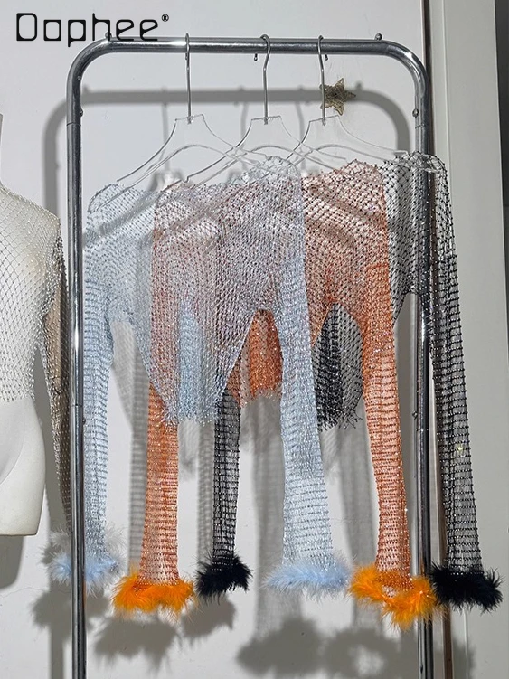 

Autumn New Sexy Socialite Long Sleeve Inner Layer Rhinestones Hollow Out Ostrich Feather Patchwork Street Hollow Out Short Tops