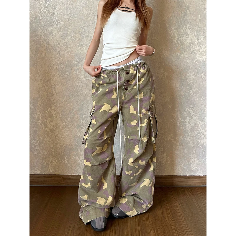 High Elastic Waist Camouflage Side Pocket Long Wide Leg Pants New Trousers Women Fashion Tide Spring Autumn 2026