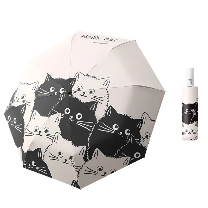 Folding Umbrella Rain Sun Protections Windproof Umbrella Women Portable Travel Parasol 3 Folding Cats Umbrellas Outdoor