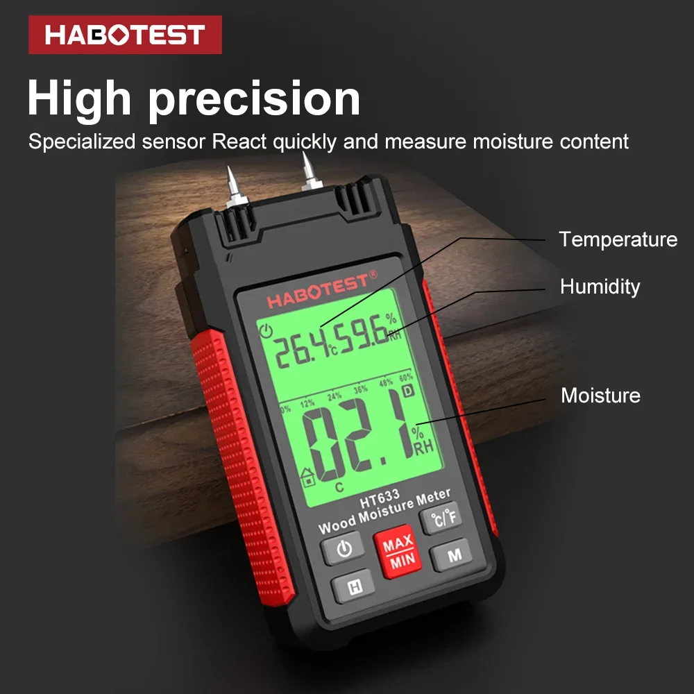 HT633 Digital Moisture Meter Wood Wall Water Tester Humidity Meter with LCD Display for Cement Brick