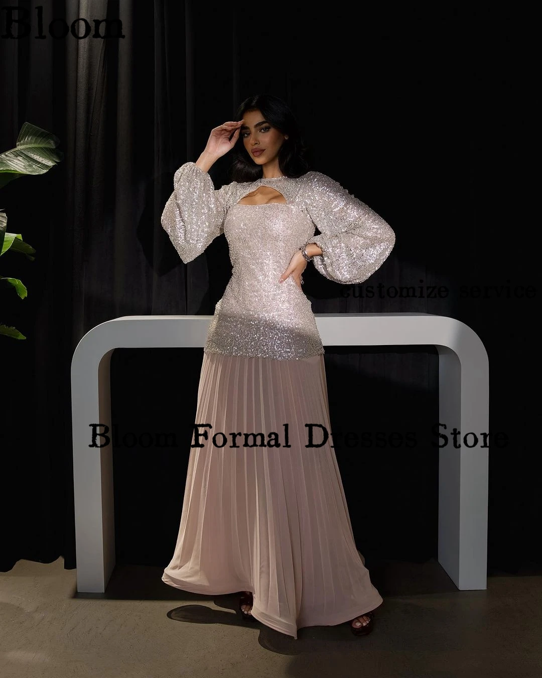 Bloom Sequins Cut-out Prom Dresses Puff Long Sleeves Pleated Ankle-length Elegant Women Evening Dresses 2024 Formal Party Gown